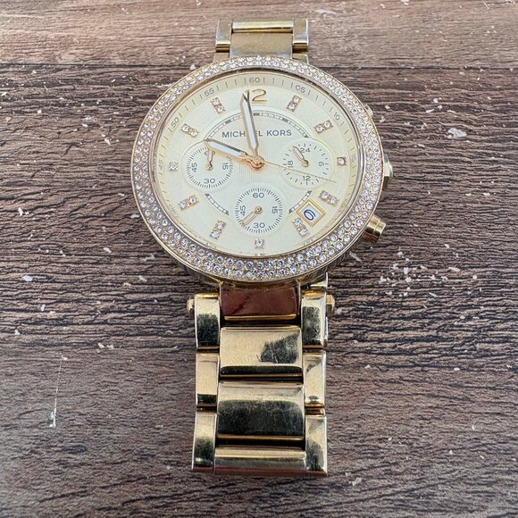 Michael Kors Women MK5354 Parker Chronograph Pave Gold Tone Quartz 39mm Watch 6\